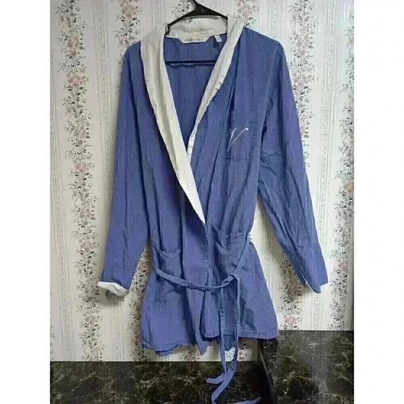 Vtg 90's Victoria's Secret Blue Cotton Robe Tie String Pockets Knee Length - Picture 1 of 11
